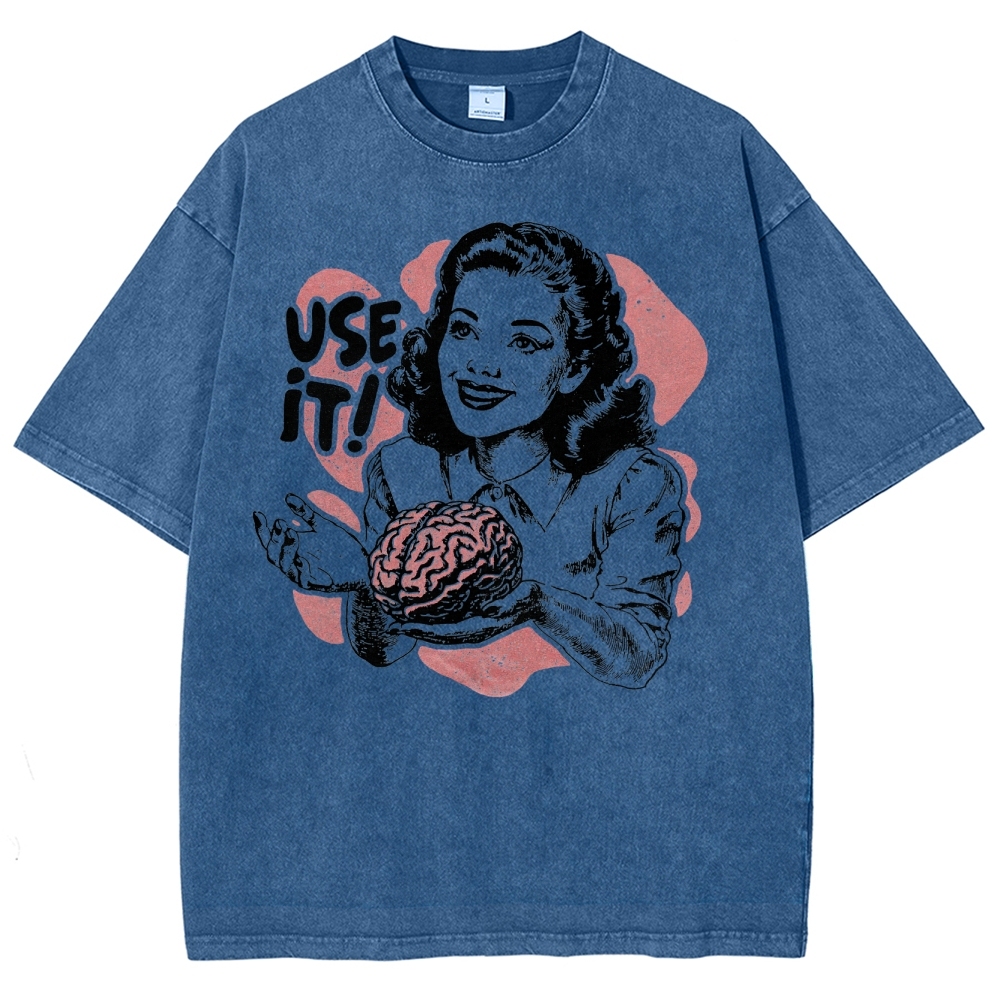 Retro Vintage Satirical Brain Graphic Washed T-Shirt