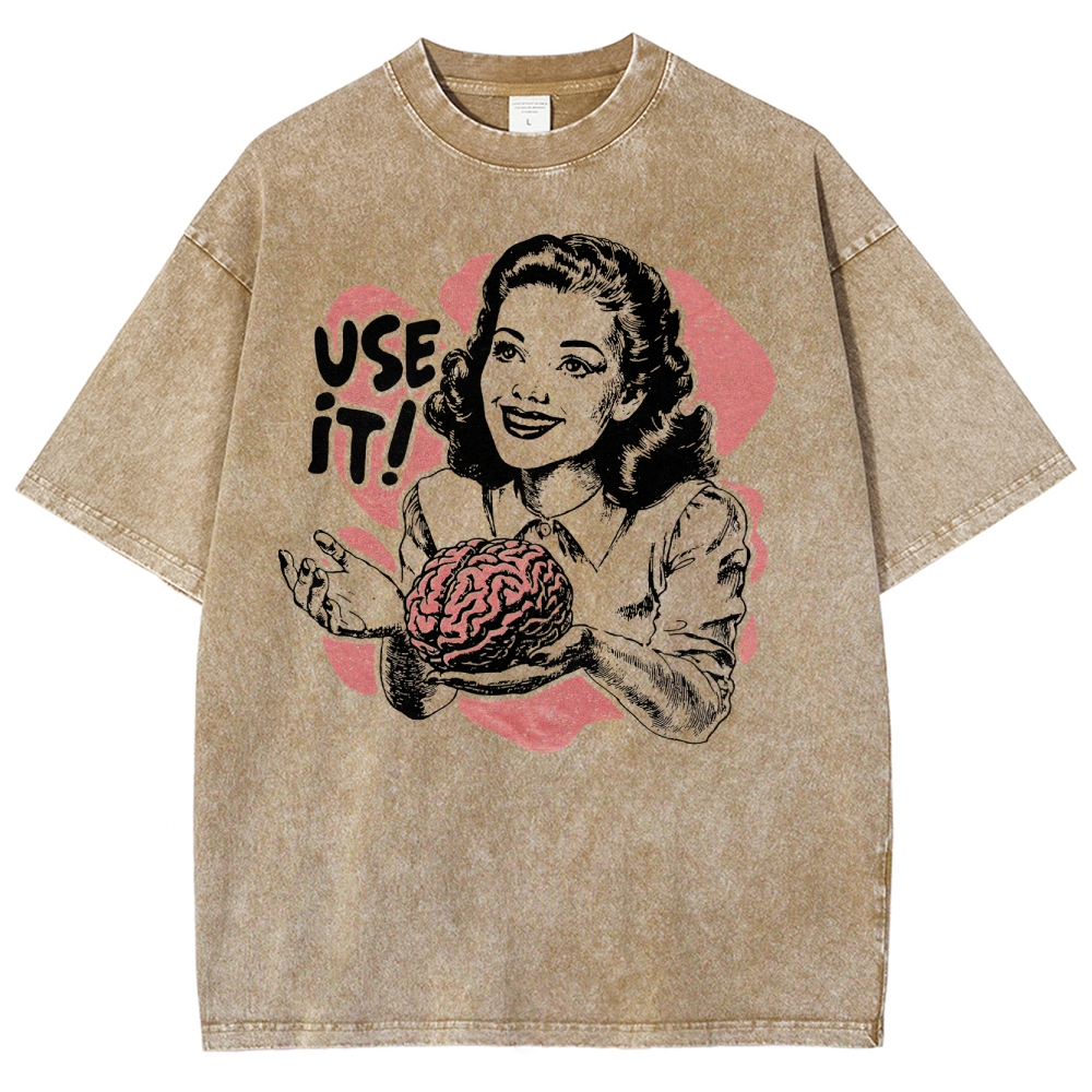 Retro Vintage Satirical Brain Graphic Washed T-Shirt