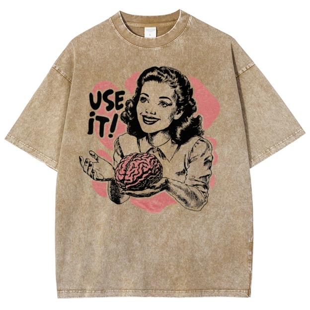 Retro Vintage Satirical Brain Graphic Washed T-Shirt