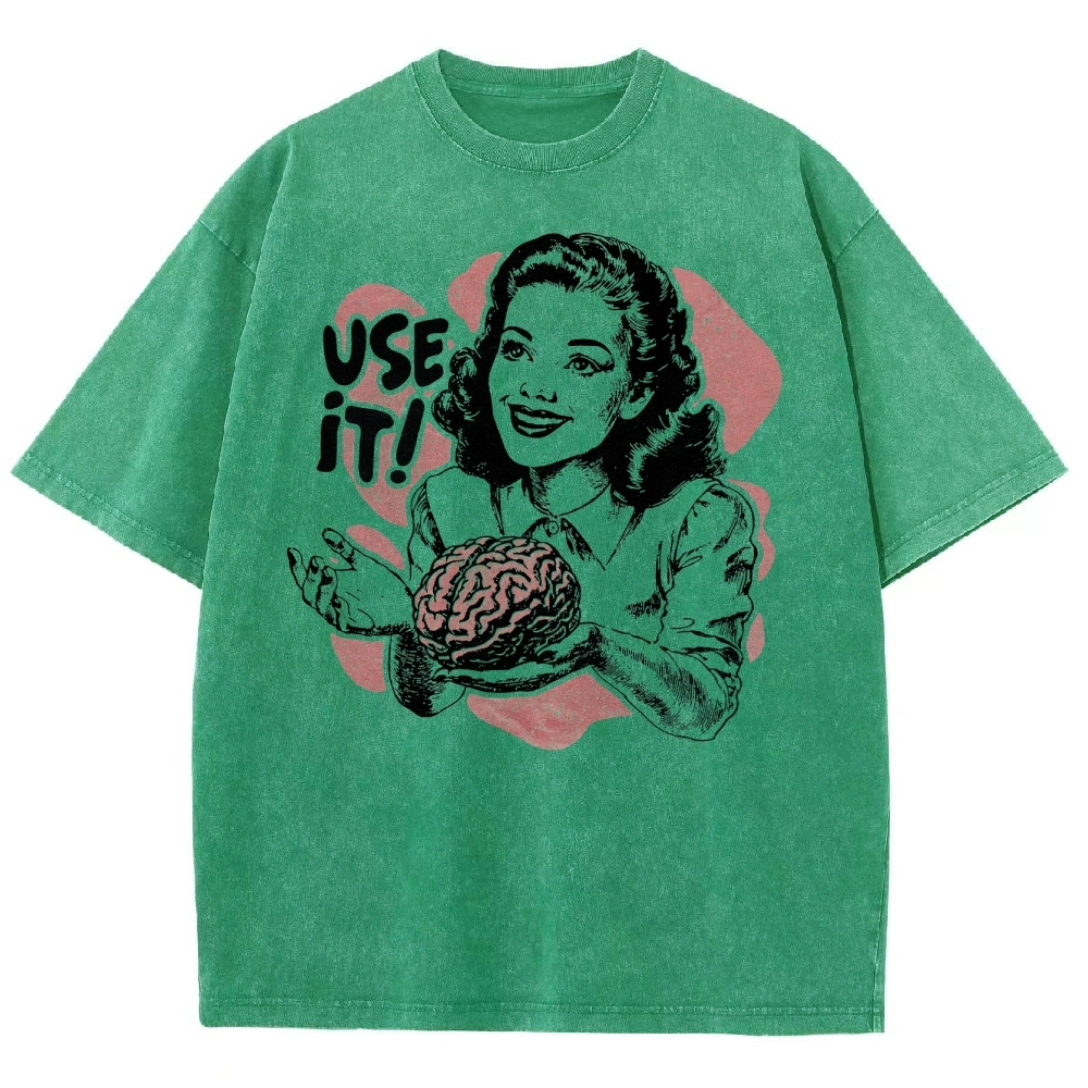 Retro Vintage Satirical Brain Graphic Washed T-Shirt
