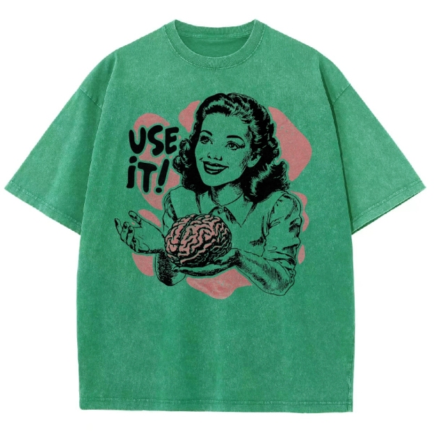 Retro Vintage Satirical Brain Graphic Washed T-Shirt