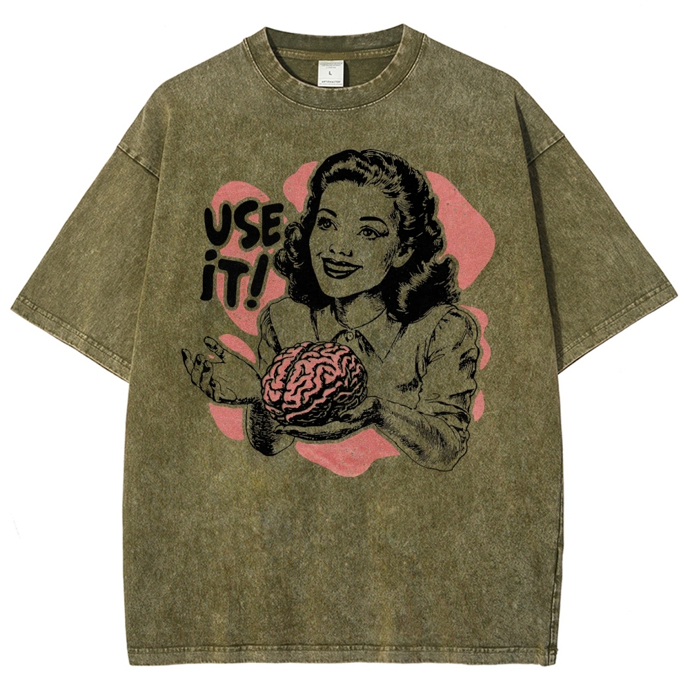Retro Vintage Satirical Brain Graphic Washed T-Shirt