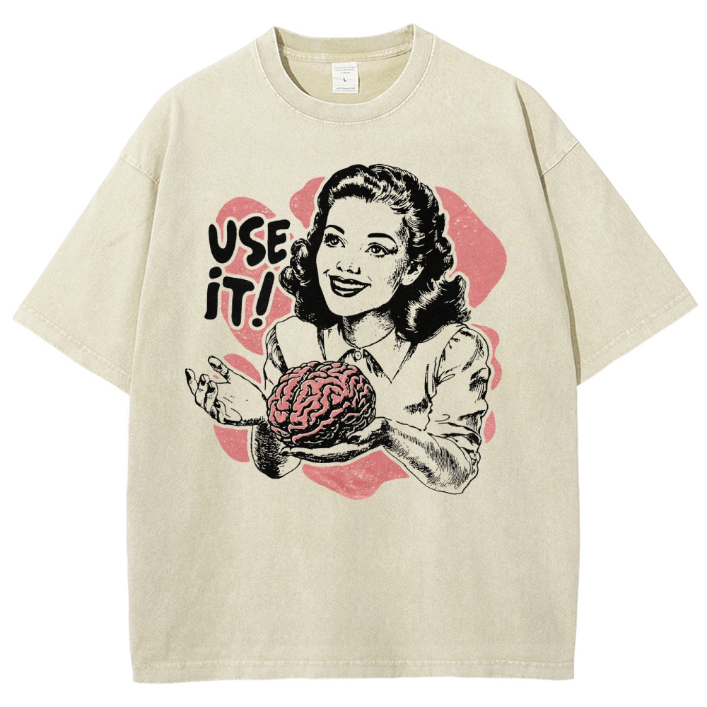 Retro Vintage Satirical Brain Graphic Washed T-Shirt