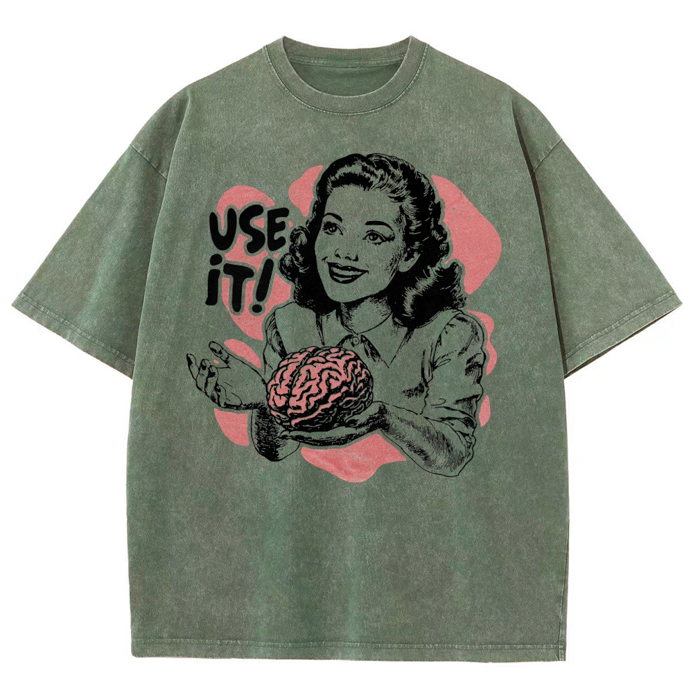 Retro Vintage Satirical Brain Graphic Washed T-Shirt