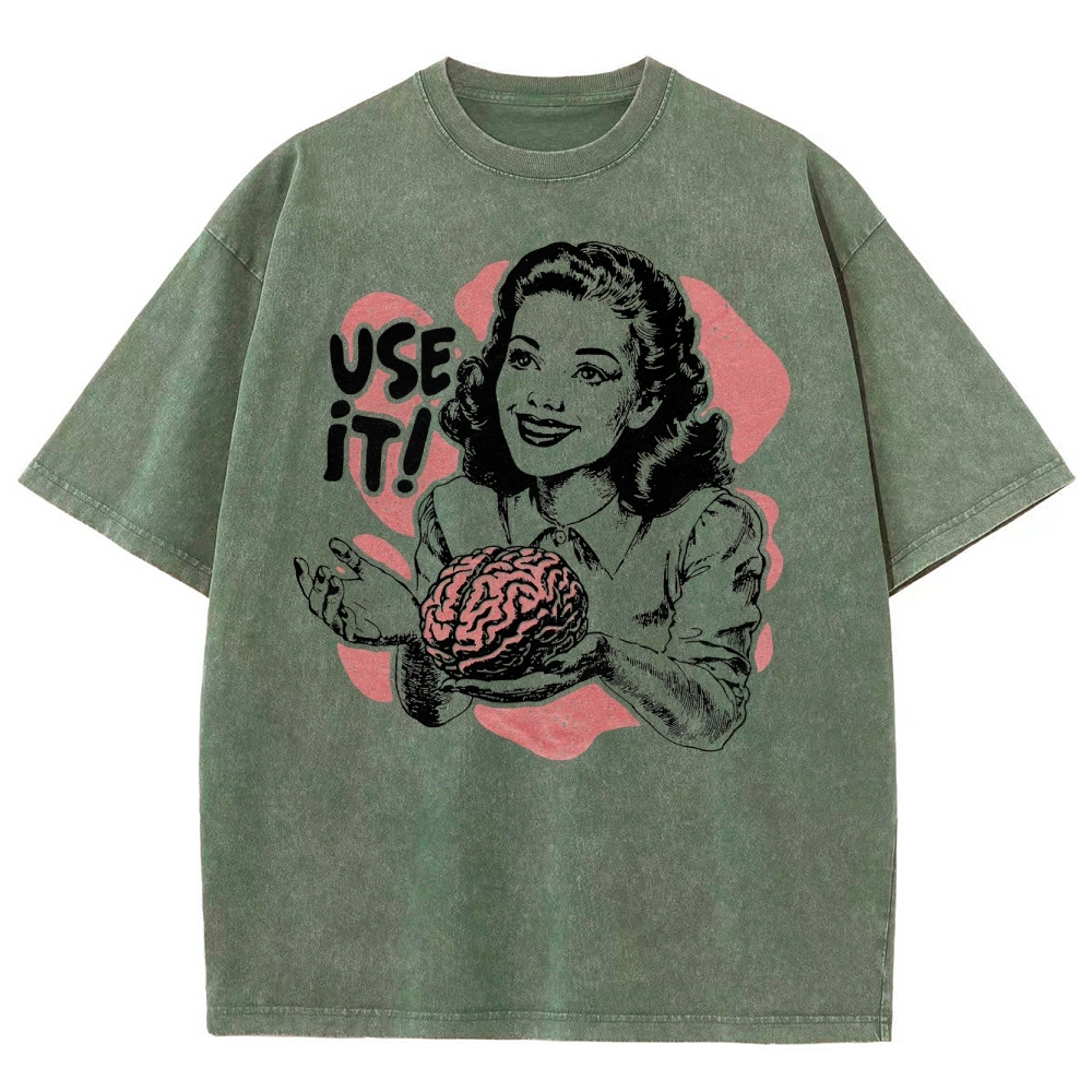 Retro Vintage Satirical Brain Graphic Washed T-Shirt