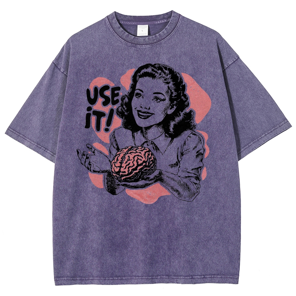 Retro Vintage Satirical Brain Graphic Washed T-Shirt
