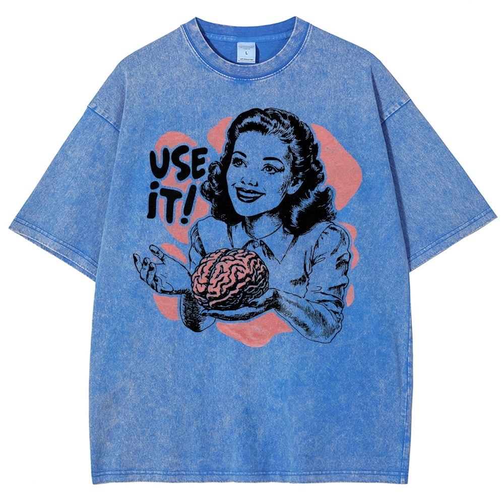Retro Vintage Satirical Brain Graphic Washed T-Shirt