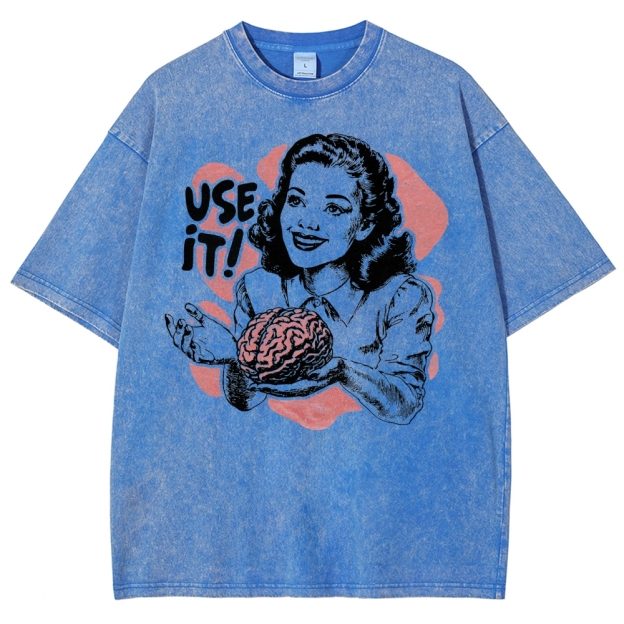 Retro Vintage Satirical Brain Graphic Washed T-Shirt