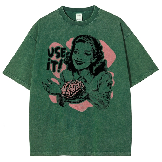 Retro Vintage Satirical Brain Graphic Washed T-Shirt