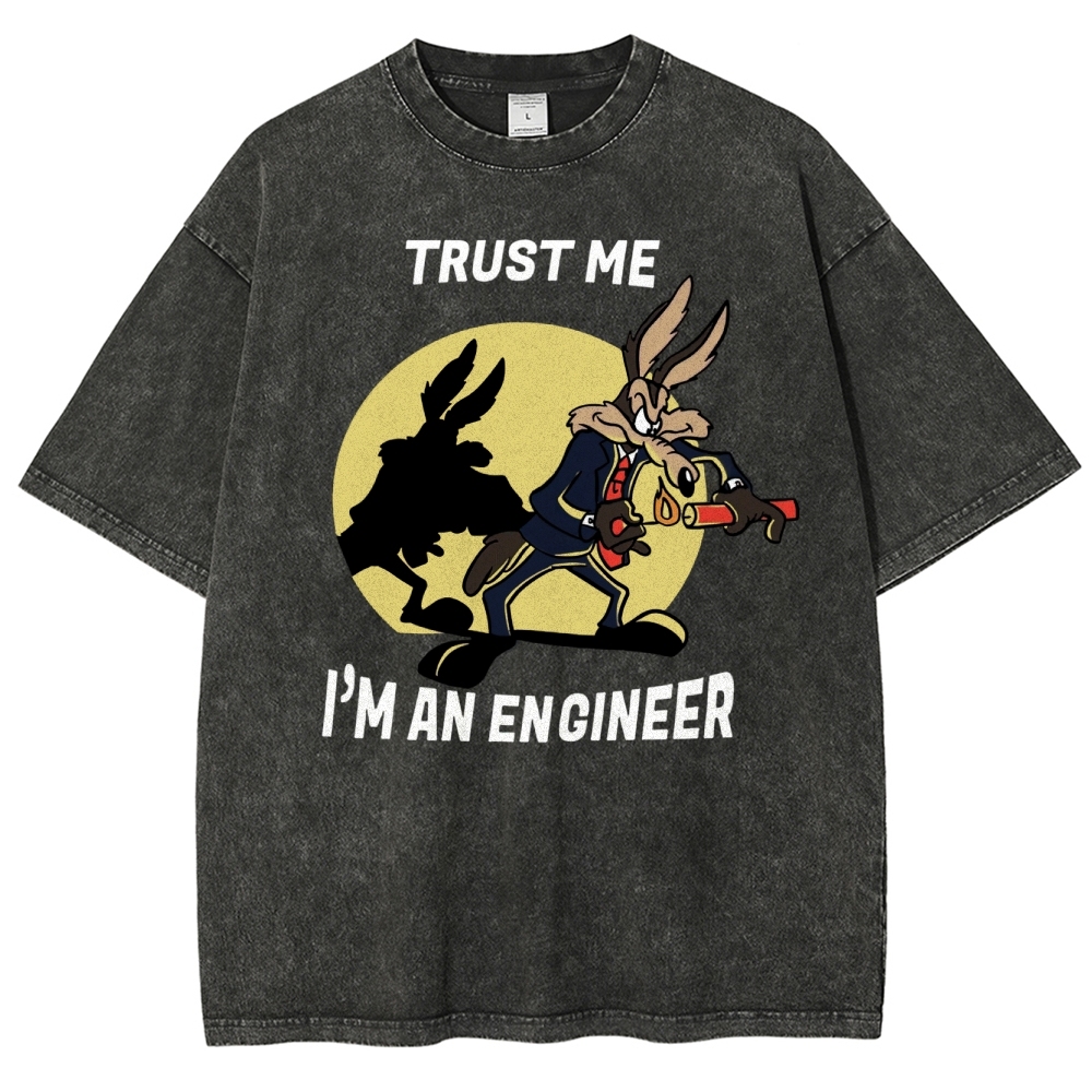 Explosive Cartoon Engineer Graphic Washed T-Shirt