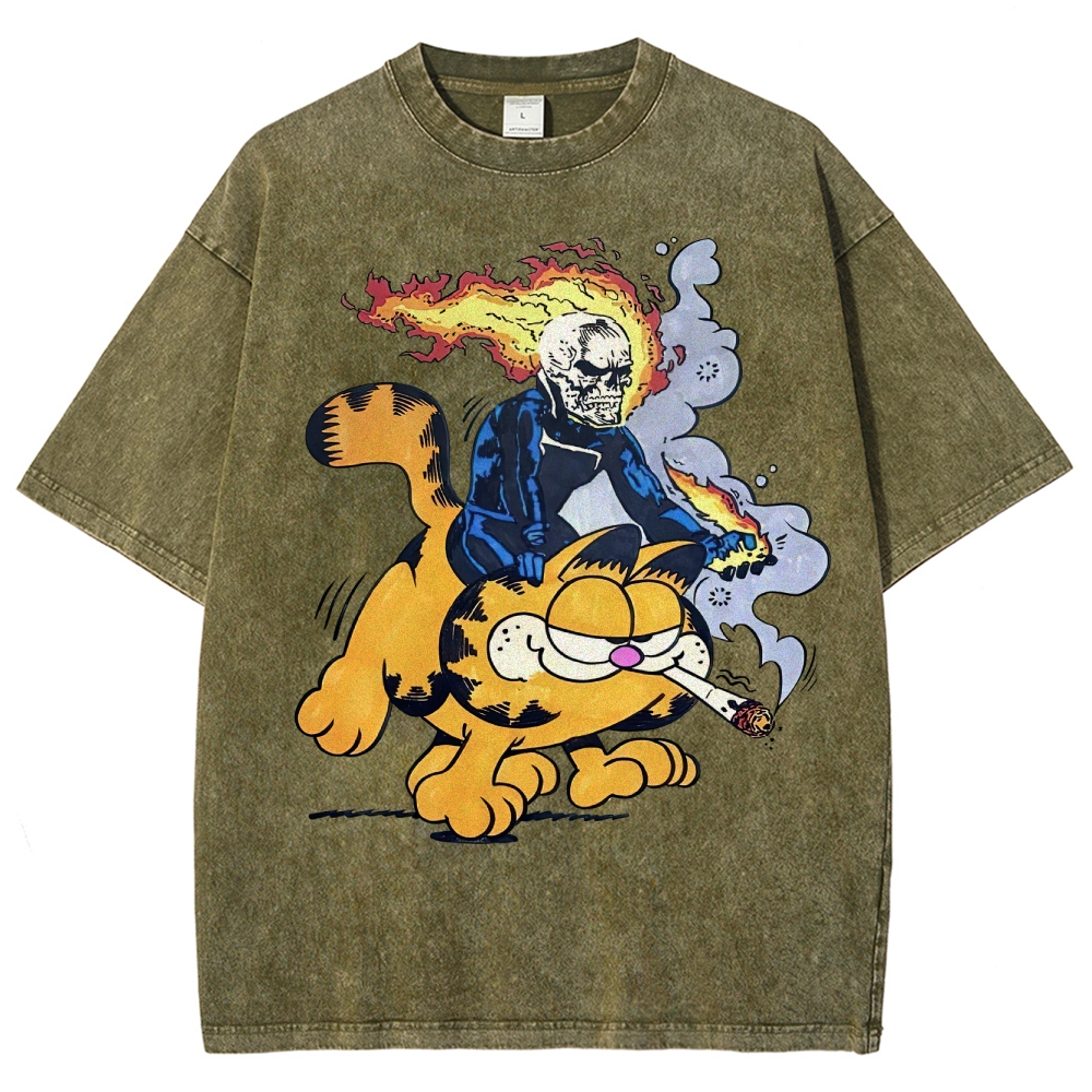 Fiery Rider & Orange Cat ParodyWashed T-Shirt
