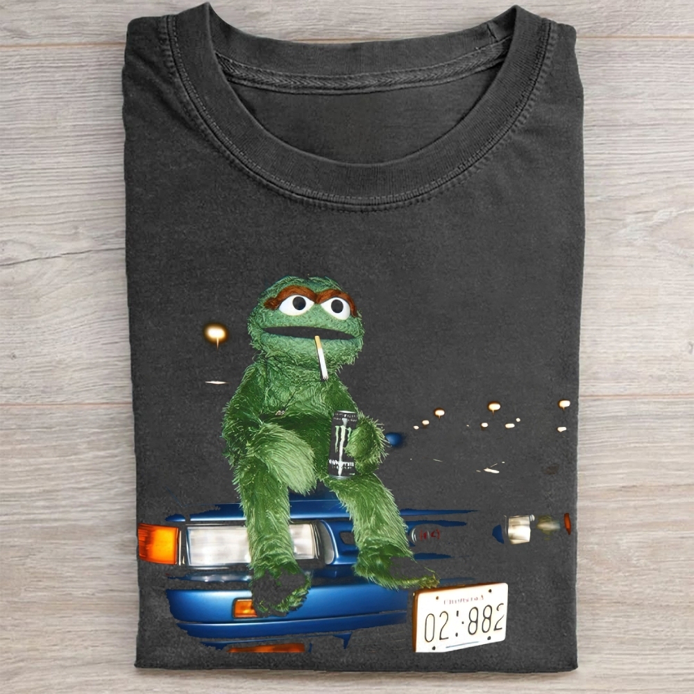 Street Style Green Puppet Vintage Washed Tee