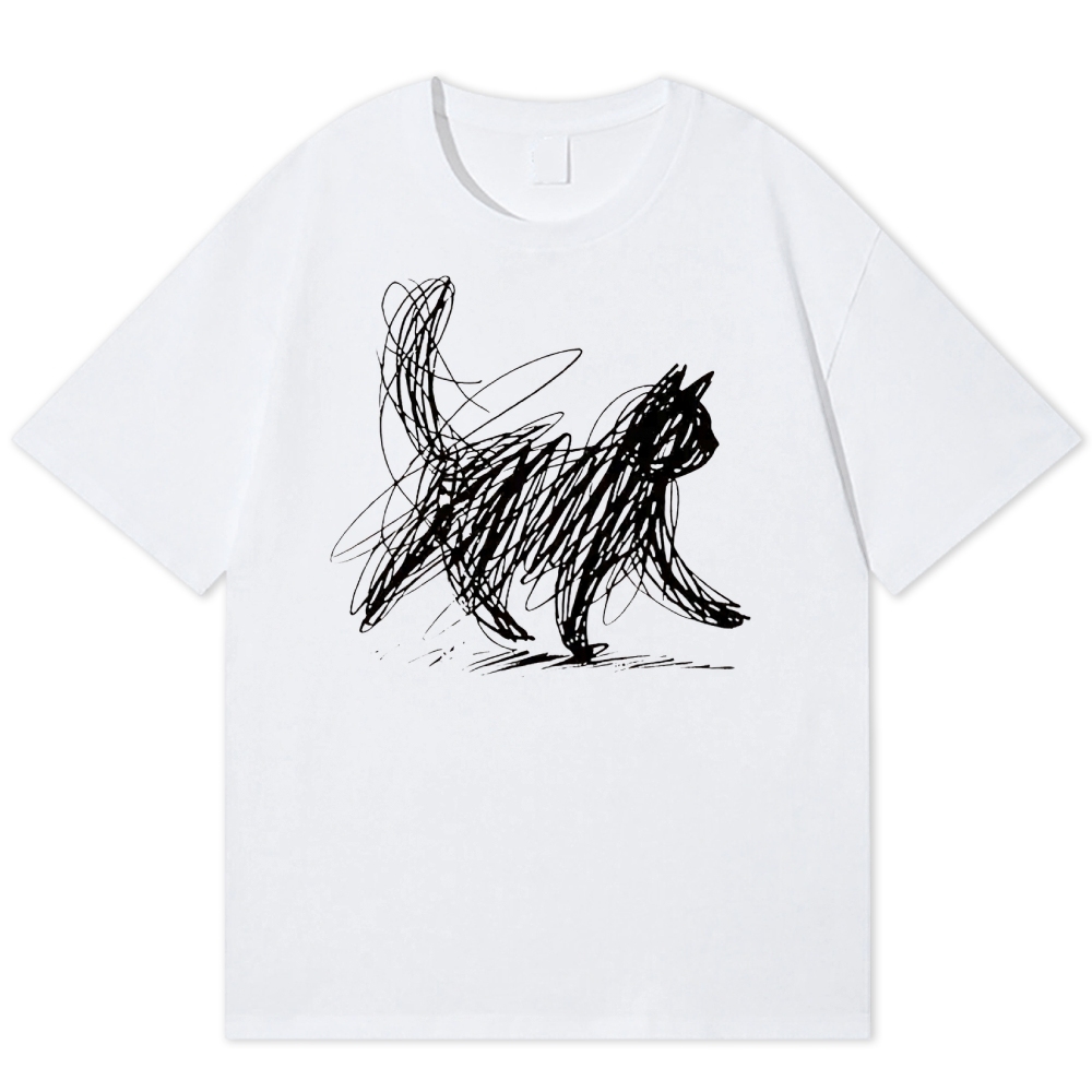 Minimalist Scribble Cat Graphic Cotton T-shirt