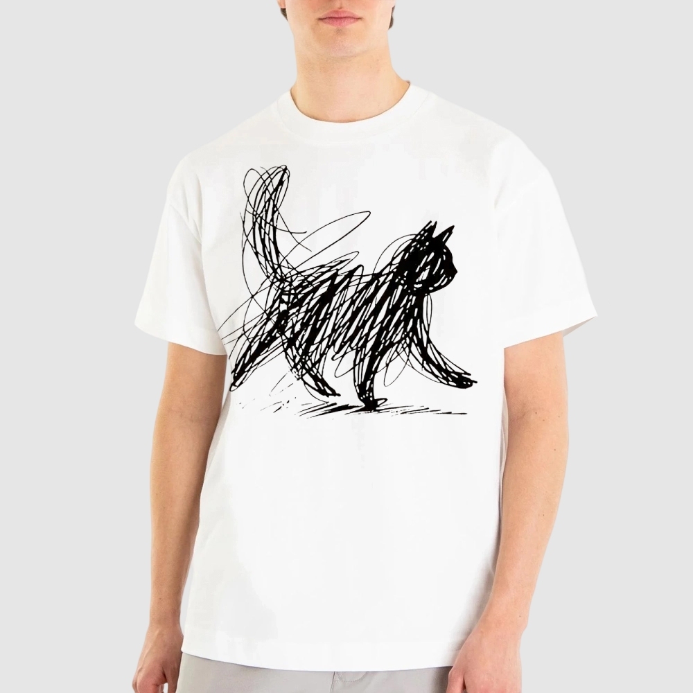 Minimalist Scribble Cat Graphic  Cotton T-shirt 