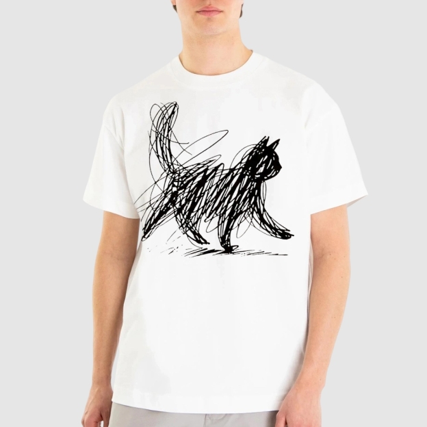 Minimalist Scribble Cat Graphic  Cotton T-shirt 