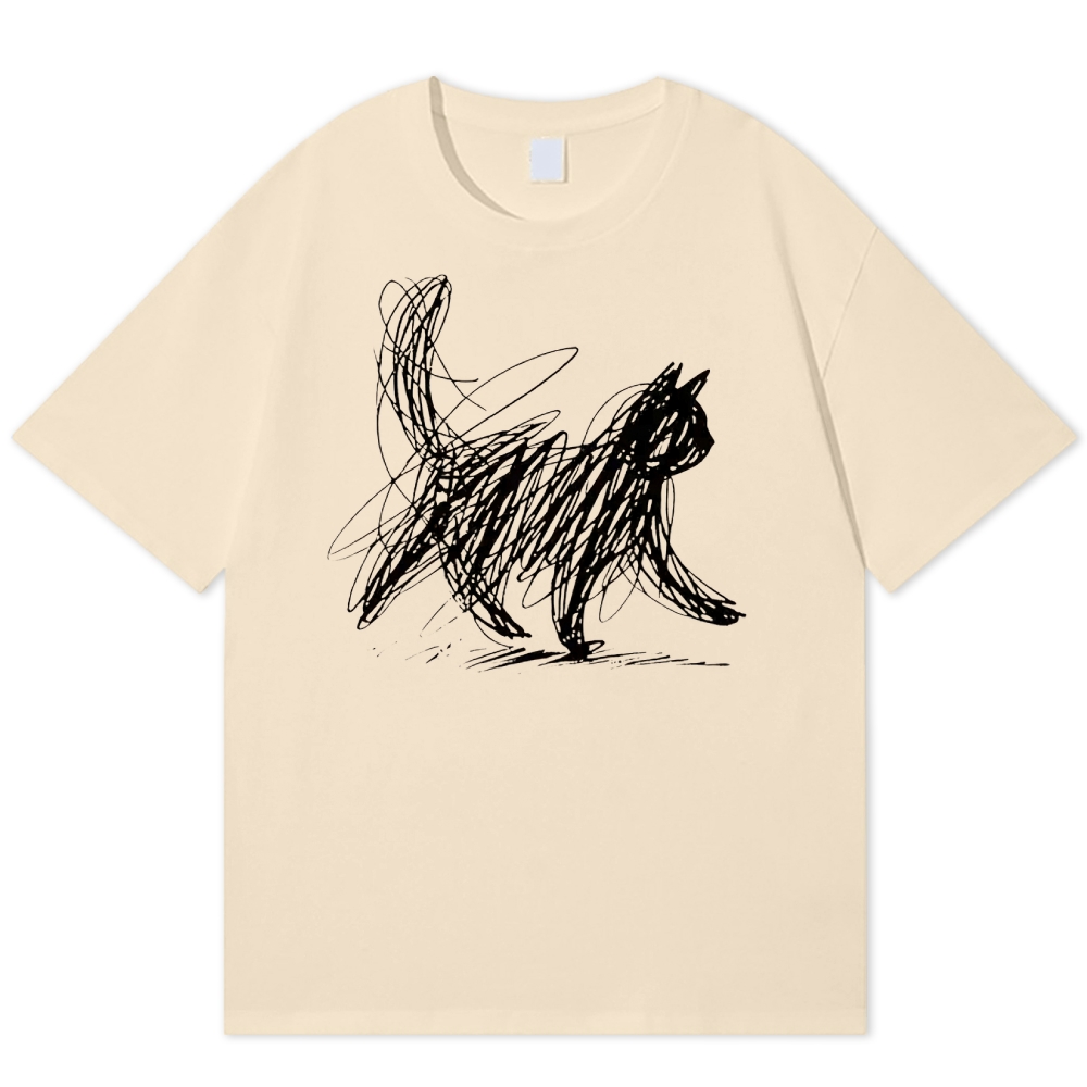 Minimalist Scribble Cat Graphic  Cotton T-shirt 
