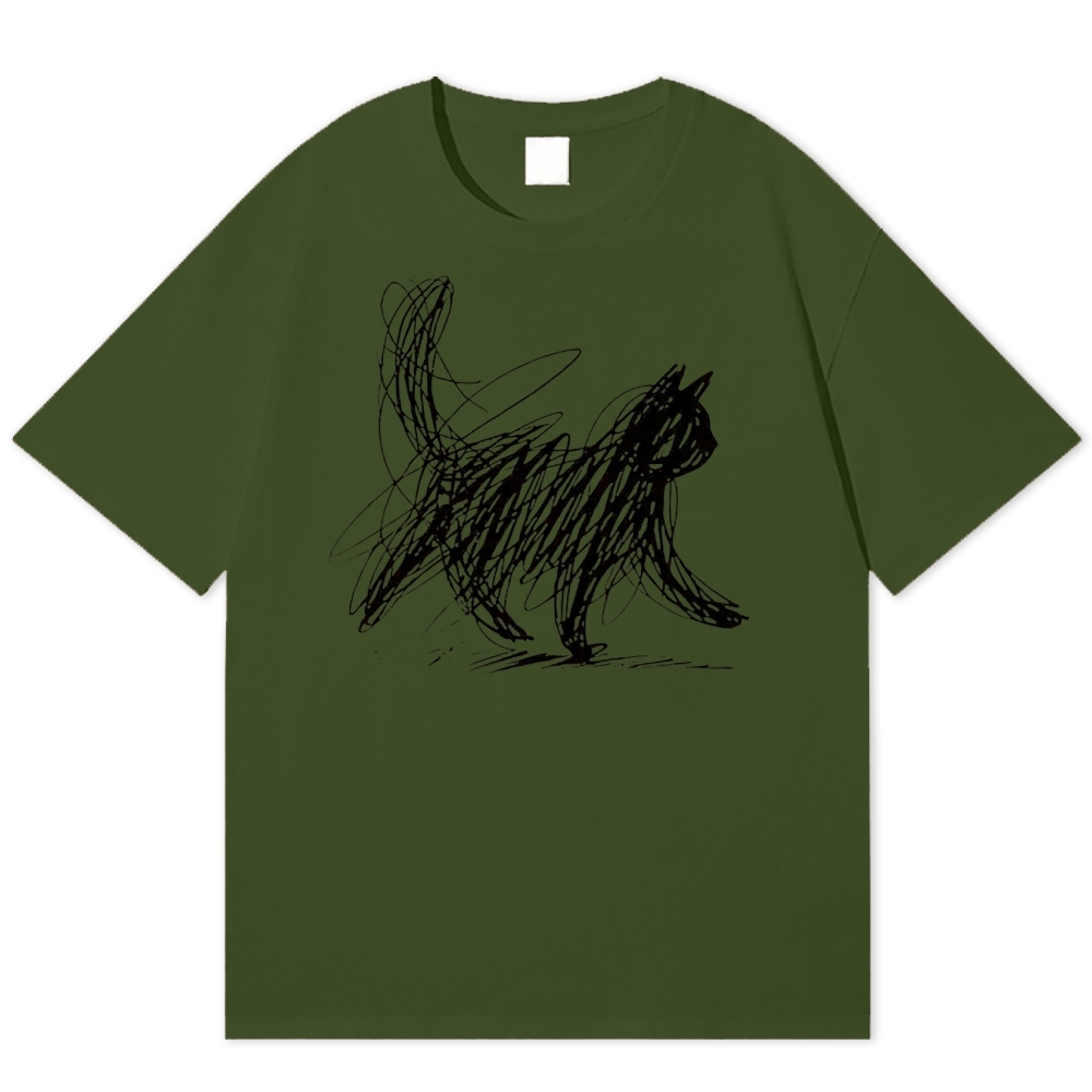 Minimalist Scribble Cat Graphic  Cotton T-shirt 