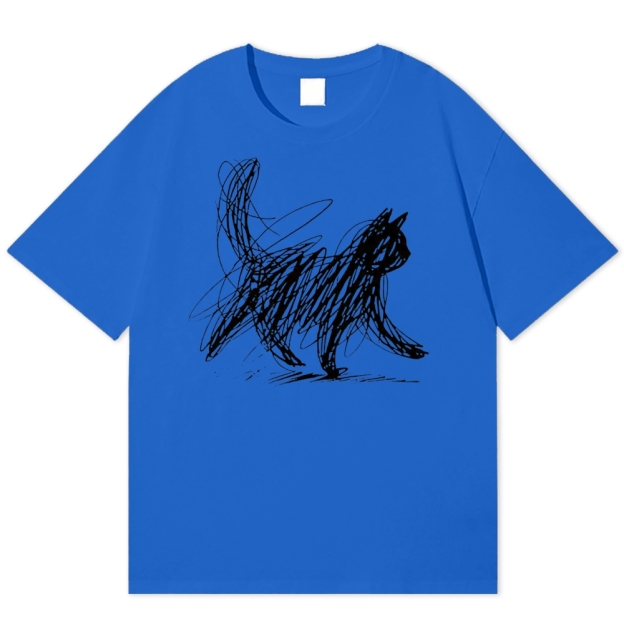Minimalist Scribble Cat Graphic  Cotton T-shirt 