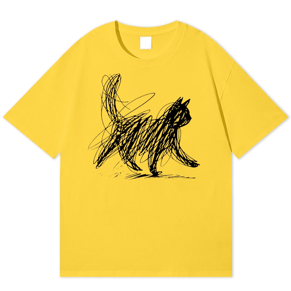 Minimalist Scribble Cat Graphic  Cotton T-shirt 