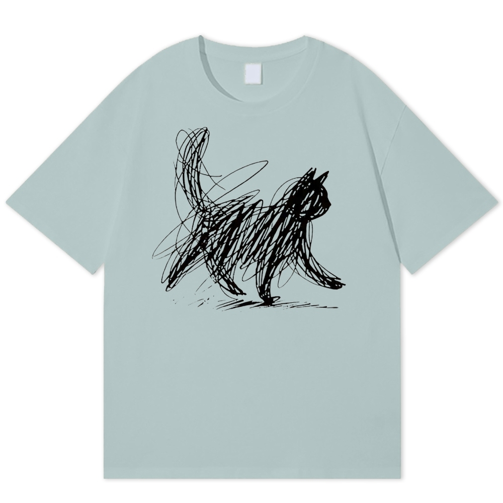 Minimalist Scribble Cat Graphic  Cotton T-shirt 