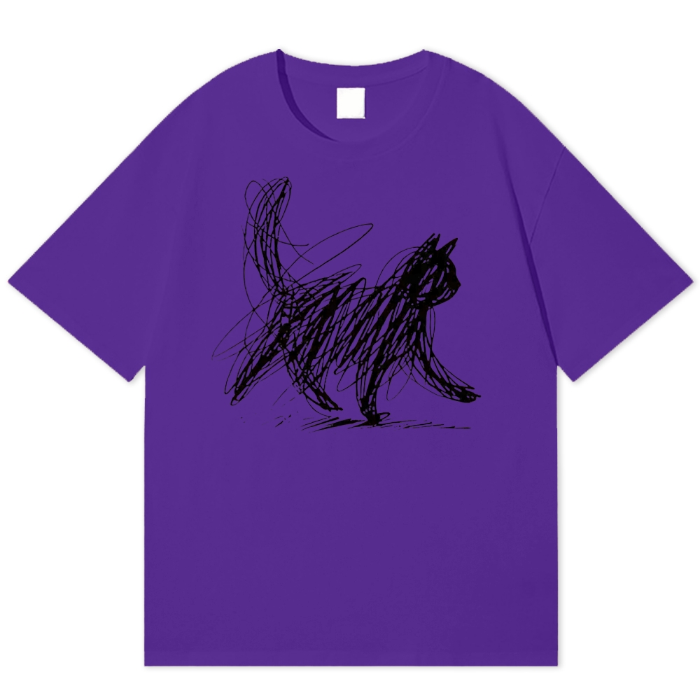 Minimalist Scribble Cat Graphic  Cotton T-shirt 