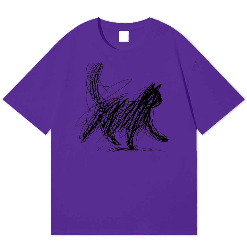 Minimalist Scribble Cat Graphic  Cotton T-shirt 