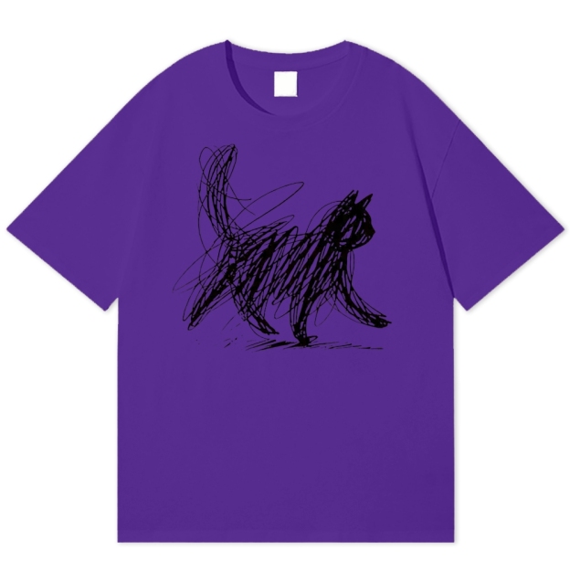 Minimalist Scribble Cat Graphic  Cotton T-shirt 