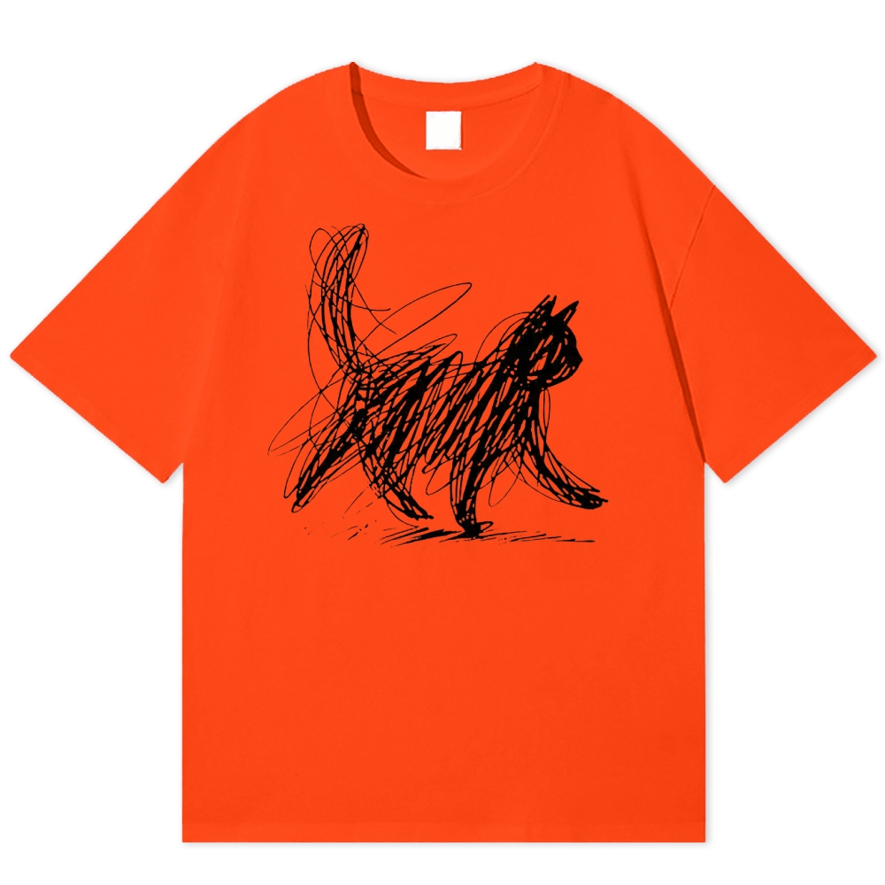 Minimalist Scribble Cat Graphic  Cotton T-shirt 