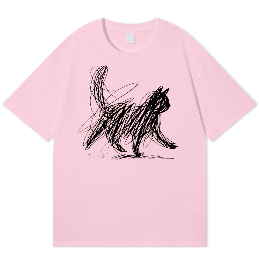 Minimalist Scribble Cat Graphic  Cotton T-shirt 