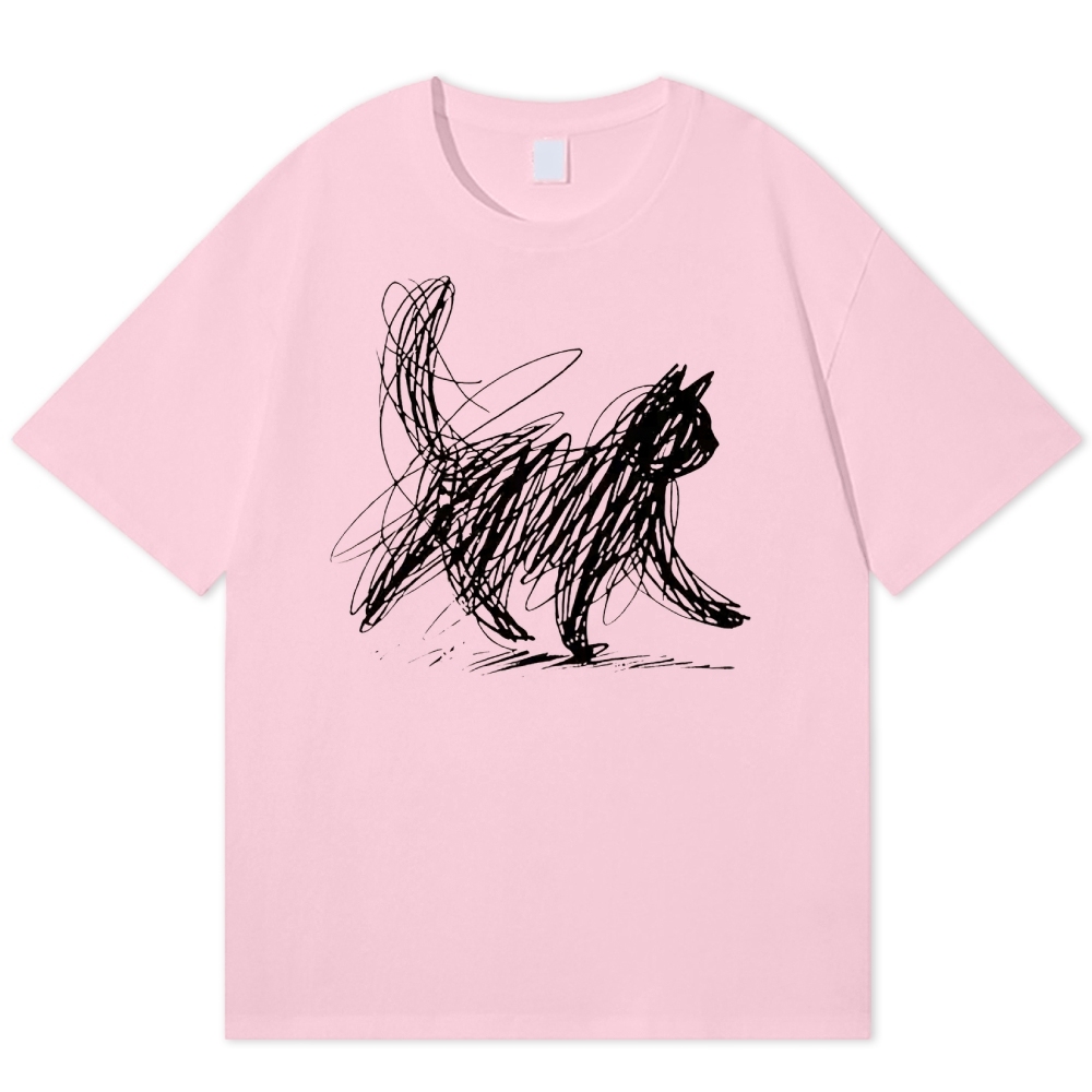 Minimalist Scribble Cat Graphic  Cotton T-shirt 
