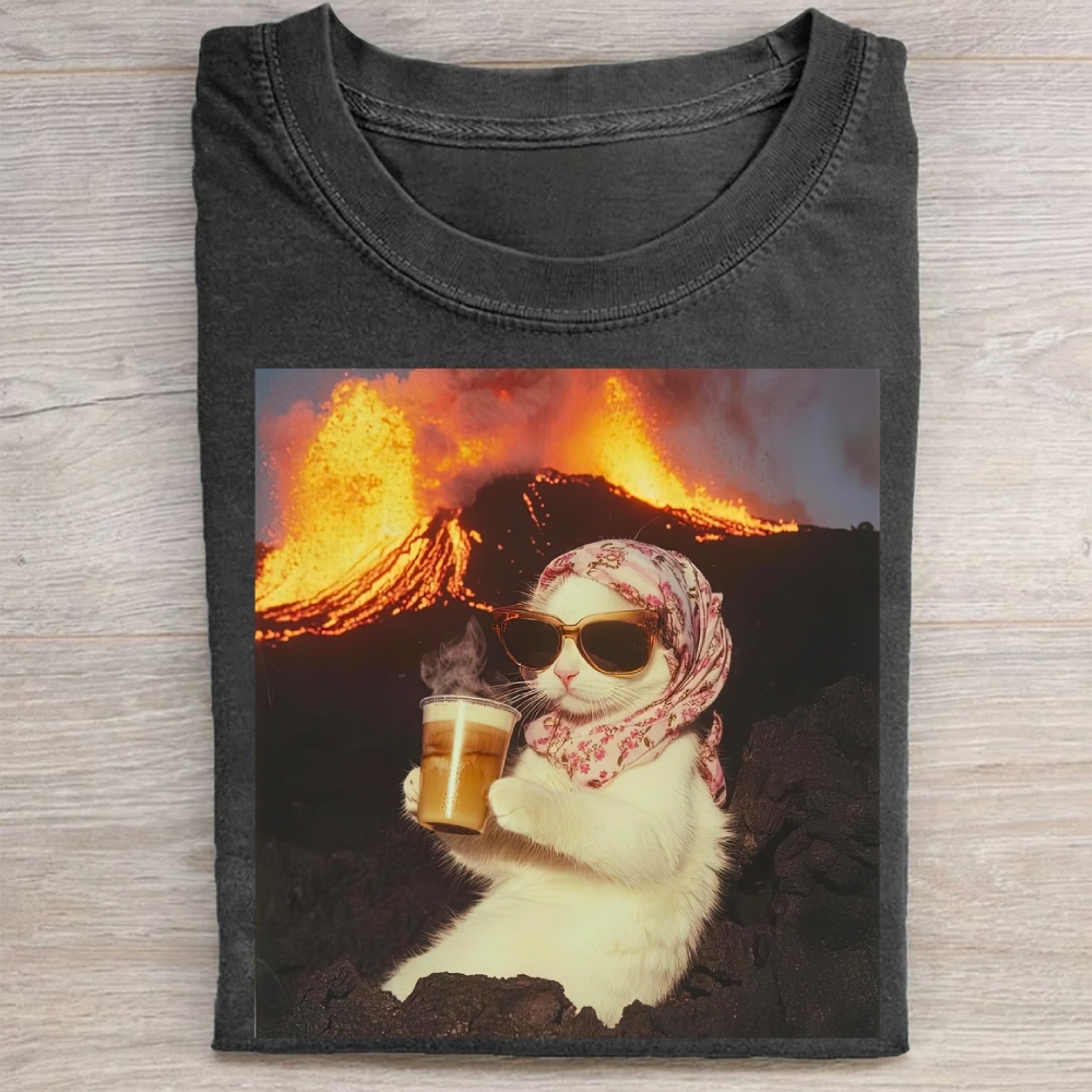 Volcano Ice Cat Surreal Coffee  Washed Tee