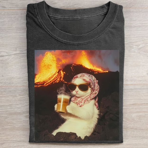 Volcano Ice Cat Surreal Coffee  Washed Tee