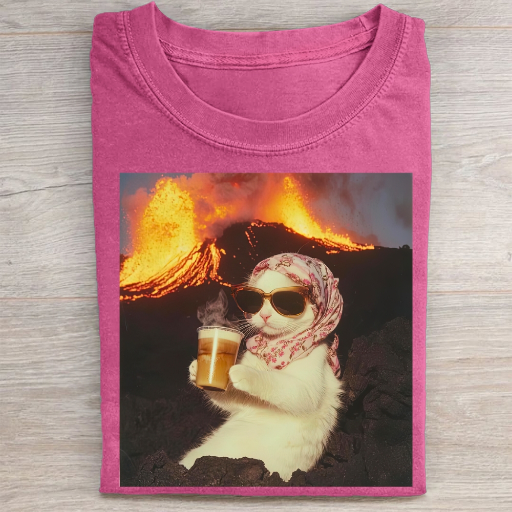 Volcano Ice Cat Surreal Coffee  Washed Tee