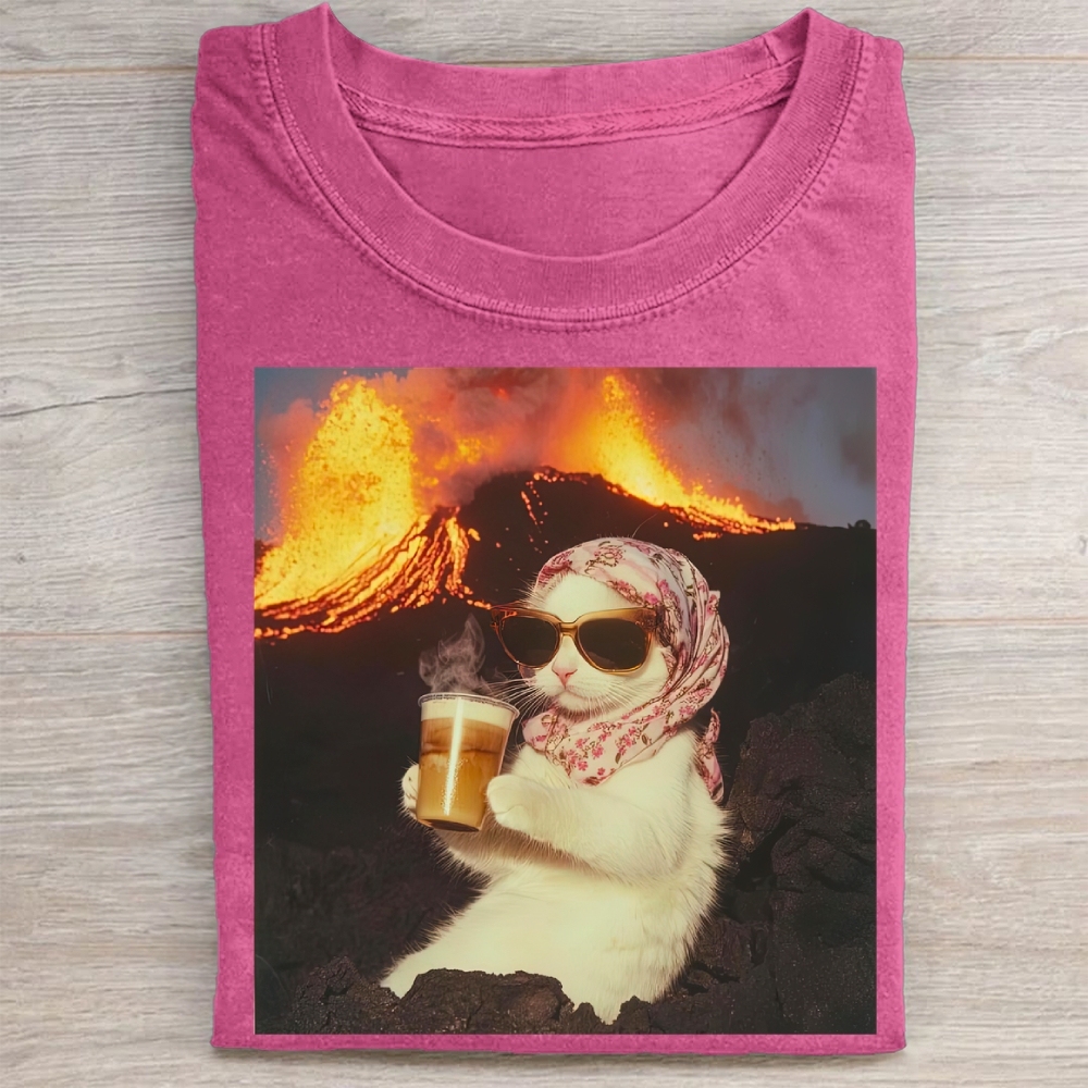 Volcano Ice Cat Surreal Coffee  Washed Tee