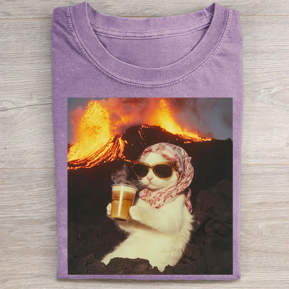 Volcano Ice Cat Surreal Coffee  Washed Tee