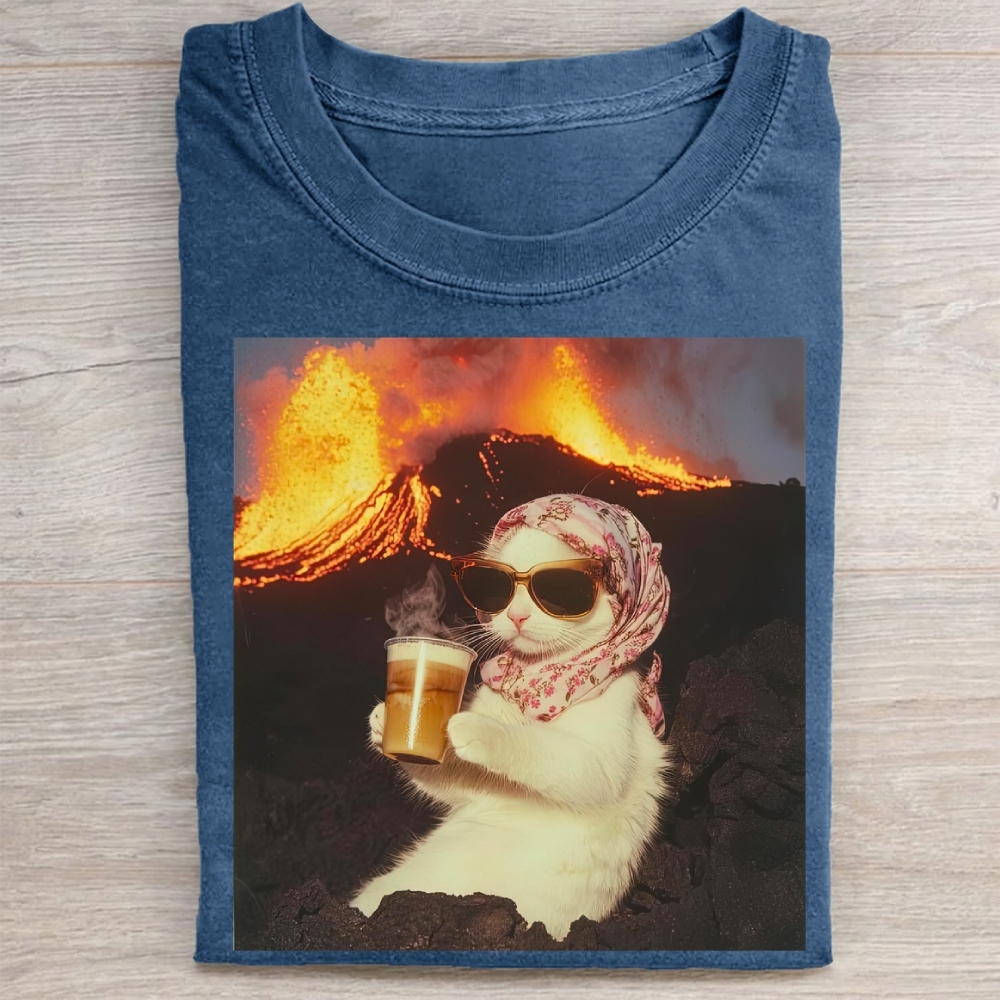 Volcano Ice Cat Surreal Coffee  Washed Tee