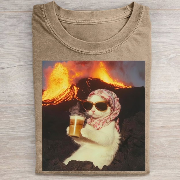 Volcano Ice Cat Surreal Coffee  Washed Tee