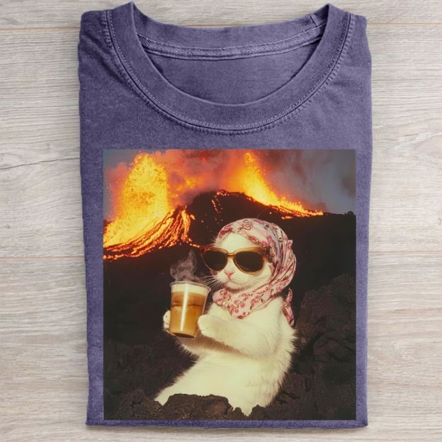 Volcano Ice Cat Surreal Coffee  Washed Tee