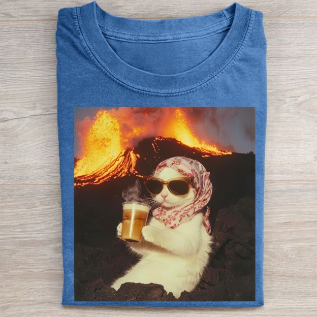 Volcano Ice Cat Surreal Coffee  Washed Tee