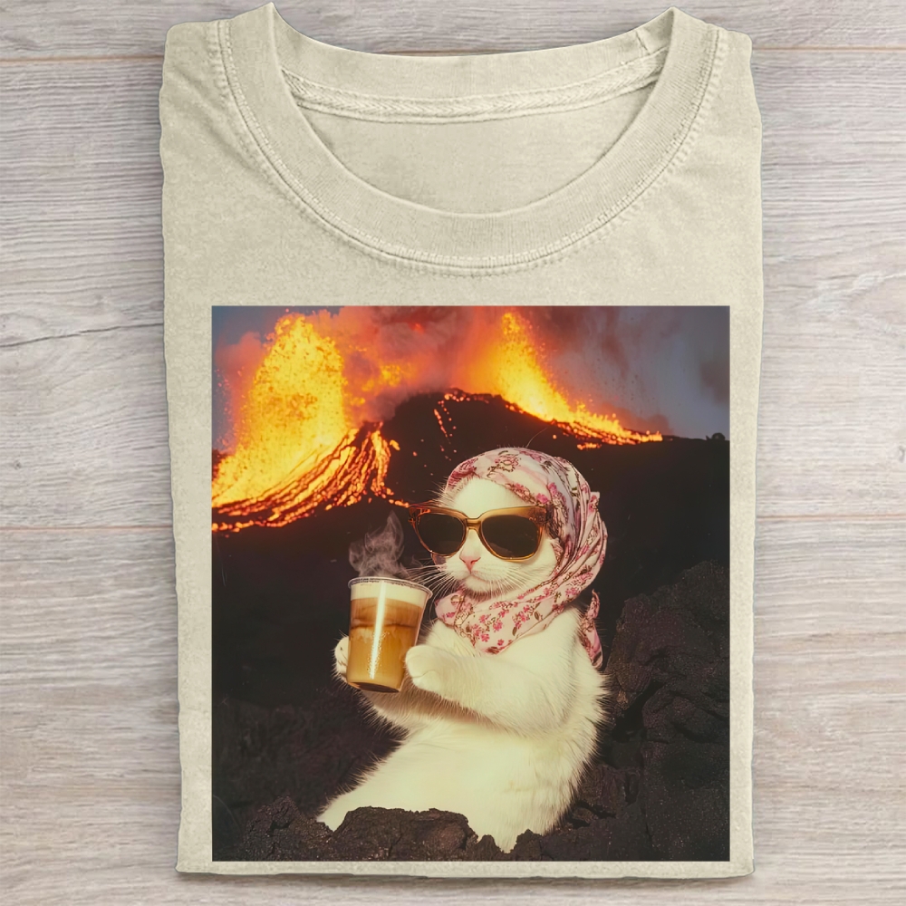 Volcano Ice Cat Surreal Coffee  Washed Tee