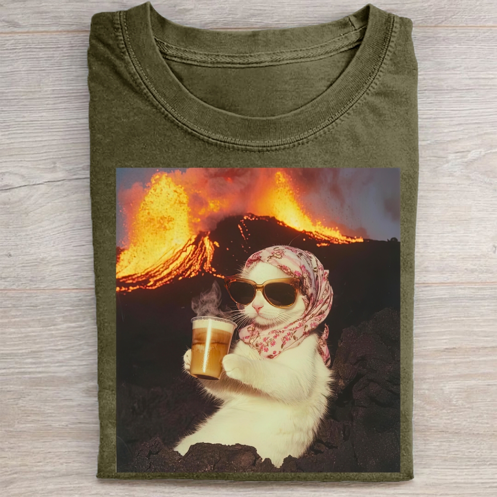 Volcano Ice Cat Surreal Coffee  Washed Tee