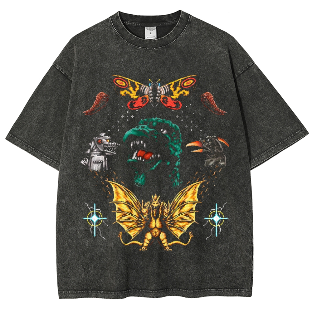 Pixel Art Kaiju Collage Washed T-Shirt