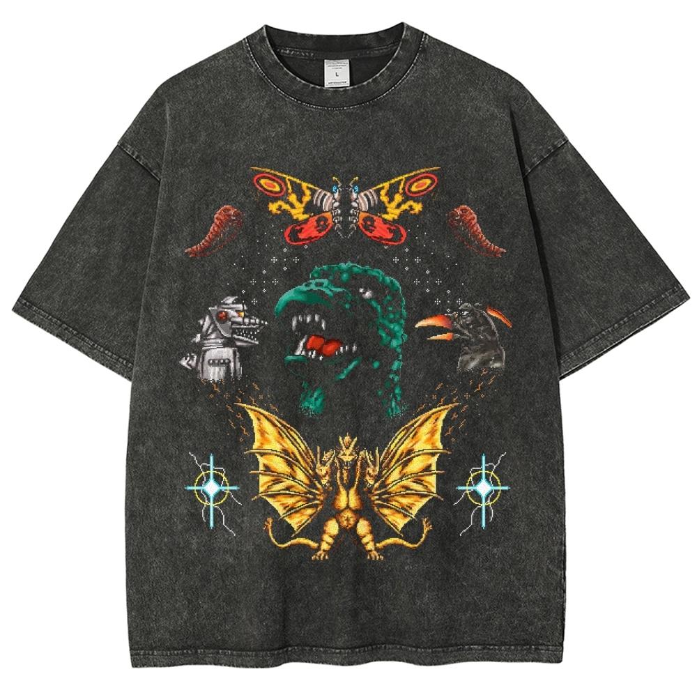Pixel Art Kaiju Collage Washed T-Shirt