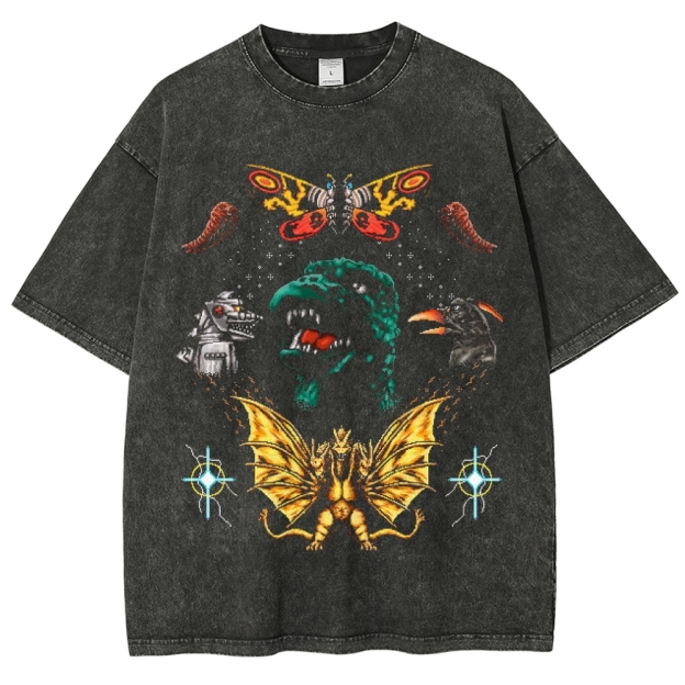 Pixel Art Kaiju Collage Washed T-Shirt