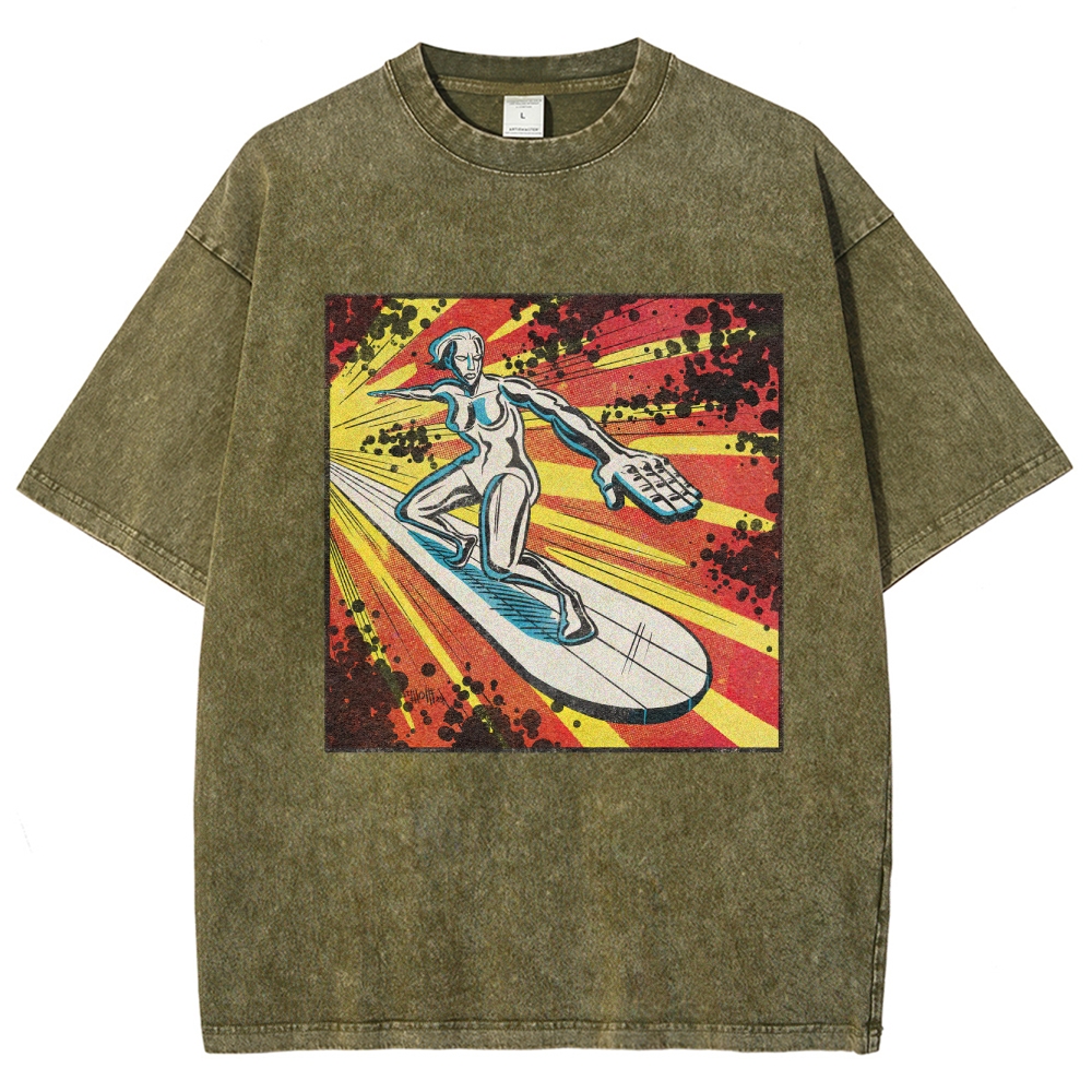 Silver Surfer Cosmic Retro Comic Washed T-Shirt