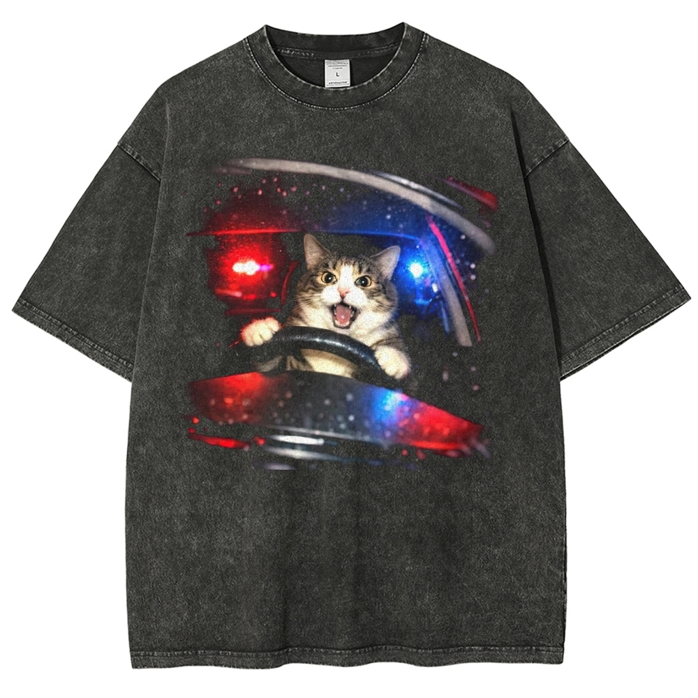 Surprised Cat Driver & Police Lights Washed T-Shirt