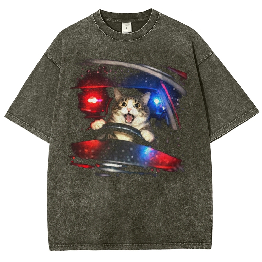 Surprised Cat Driver & Police Lights Washed T-Shirt 