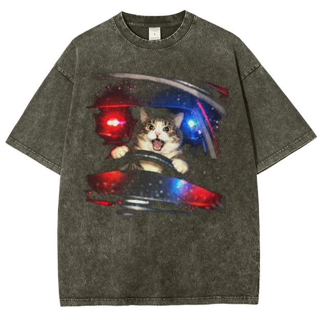 Surprised Cat Driver & Police Lights Washed T-Shirt 
