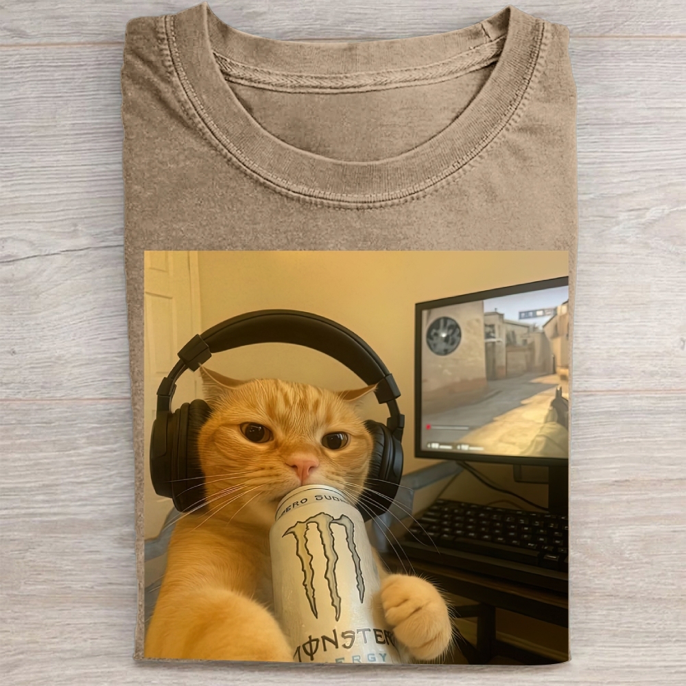 Gamer Cat Meme Vintage Washed Tee