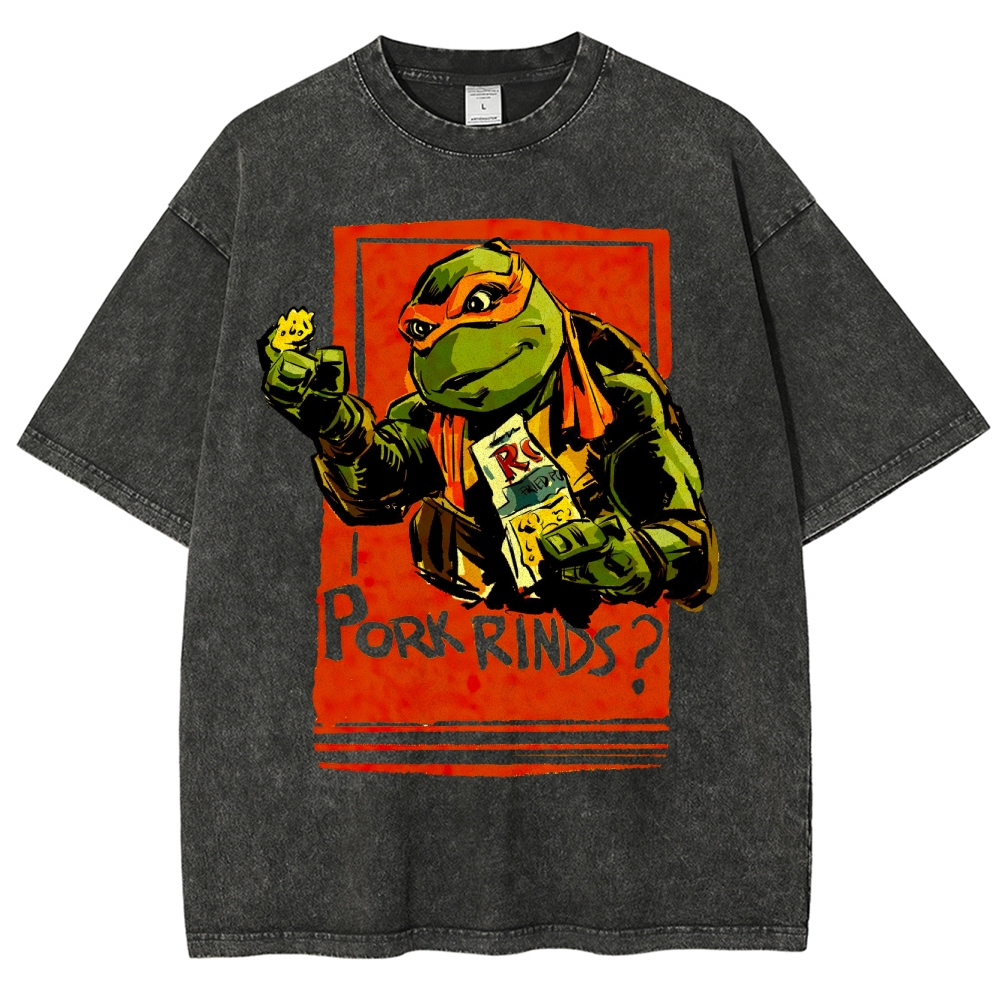 Funny Cartoon Turtle Snack Graphic Washed T-Shirt 